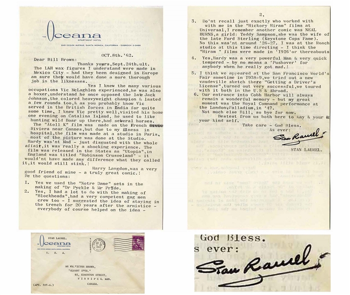 Stan Laurel Letter Signed -- ''...Hardy was'nt Mad - just disgusted with the whole affair, it was really a shocking experience...''